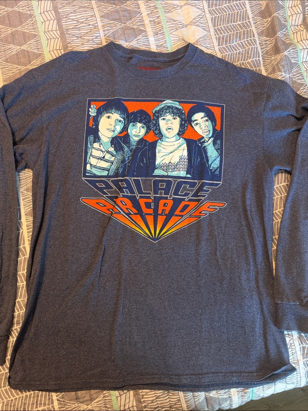 Stranger Things Palace arcade navy Long Sleeve Tee with Orange and Yellow Retro